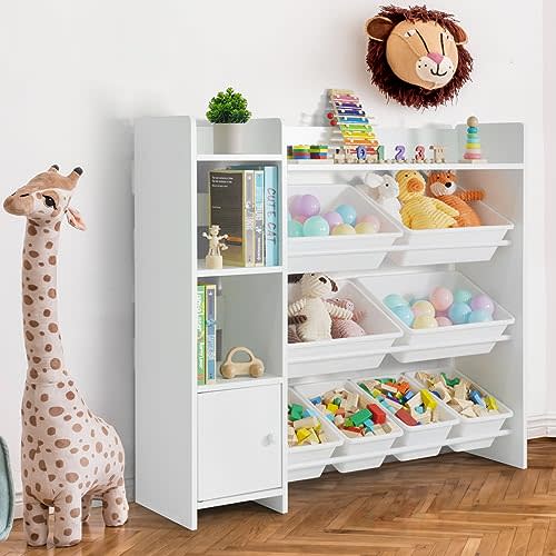 CAPHAUS Toy Organizer with 8 White Plastic Bins, Storage Cabinet for Messy Items or Books, Perfect Toy Storage Solution, for Toddler Room Organizers and Storage, Toy Organizers and Storage Bins
