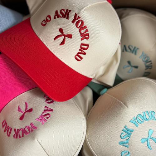Go Ask Your Dad with Bow TwoTone Trucker Hat,Funny Mom Life Trucker Cap,Embroidered Headwear,Adjustable Snapback,Gift for Moms,Gift For Her,