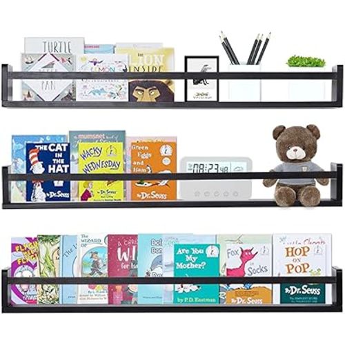 AZSKY Black Nursery Bookshelves for Wall Hanging Kids Bookshelf Baby Book Shelf Organizer Wall Bookshelves Kids Shelves and Storage for Wall Playroom Shelves 36 Inch a Set of 3 Same Sizes