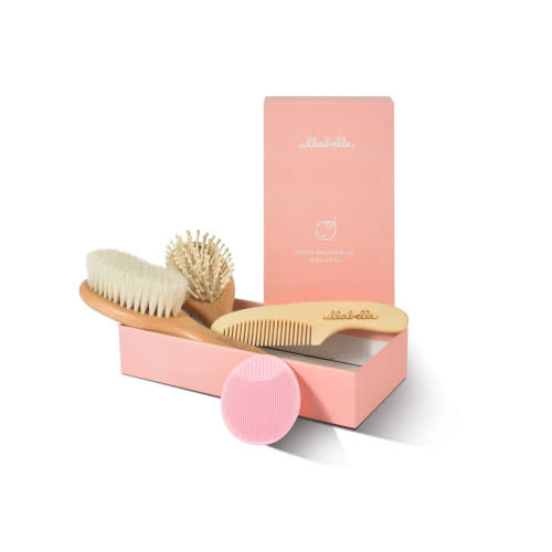 4 Piece Wooden Baby Hair Brush and Comb Set for Newborns & Toddlers in Chic Gift Box - Ultra Soft Natural Goat Hair and Wood Baby Brush Set Prevents Cradle Cap - Perfect Registry Gift (Pink)