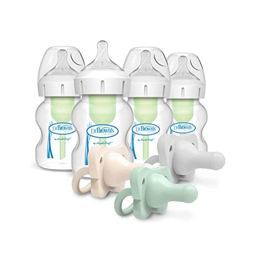 Dr. Brown’s Natural Flow® Anti-Colic Options+™ Wide-Neck Baby Bottle, 5 oz/150 mL, Level 1 Nipple, 4-Pack, 0m+ with HappyPaci 100% Silicone Pacifier 0-6m, BPA Free, Cool Gray, Green, Ecru, 3 Pack