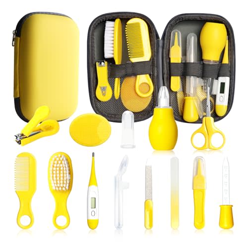 Baby Healthcare and Grooming Kit, 14 in 1 Baby Safety Set Newborn Nursery Health Care Set with Hair Brush Scale Nail Clippers for Baby Girls Boys(14 Kits Yellow)