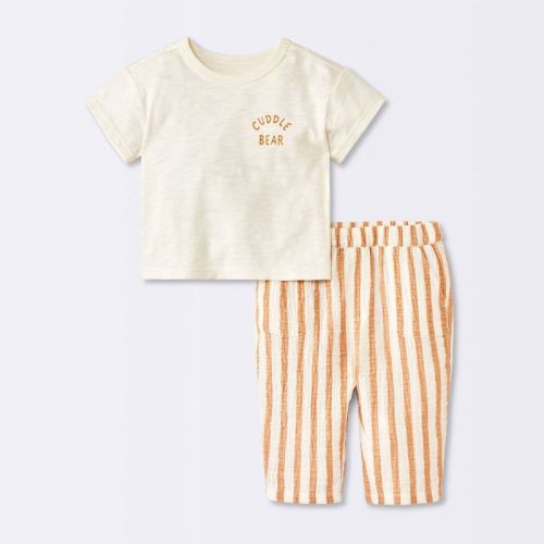 Baby Boys' 2pc Cuddle Bear T-Shirt and Striped Gauze Pant Set - Cloud Island™ Cream