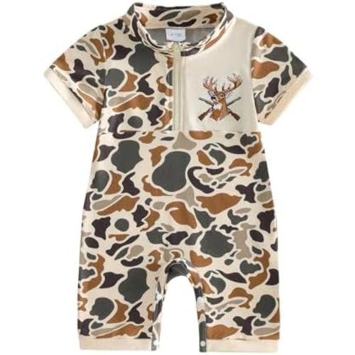 Newborn Baby Boy Hunting Outfit Deer/Duck Romper Camo Onesie Half Zip Short Sleeve Jumpsuit Infant Summer Clothes