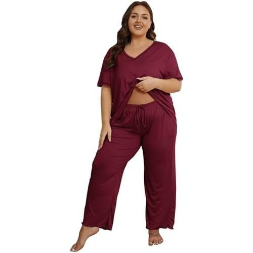 Vozanet Women's Plus Size Pajama Sets Short Sleeve Long Pants Solid Color with Piping Trim Elegant Loungewear Cozy Sleepwear