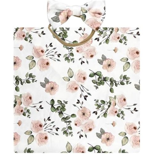 Receiving Blankets for Baby Girls Swaddle Blanket with Headband Set for 0-3 Month Cotton Knitted Newborn Swaddle Wrap Perfect Shower Gift (Green Pink Flower)