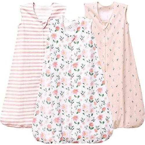 PHF Baby Sleep Sack 6-12 Months 3 Pack 100% Cotton Baby Wearable Blanket, 2-Way Zipper 0.5 TOG Toddler Sleeping Sack, Comfy Sleep Bag for Baby Girls, Pink Floral (Medium)