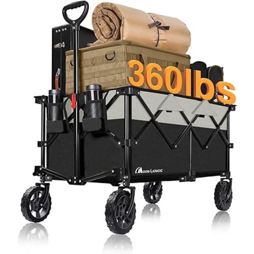 Moon Lence Collapsible Folding Wagon Cart Heavy Duty Folding Garden Portable Hand Cart with All-Terrain Beach Wheels, Adjustable Handle & Drink Holders (Black & Ivory)