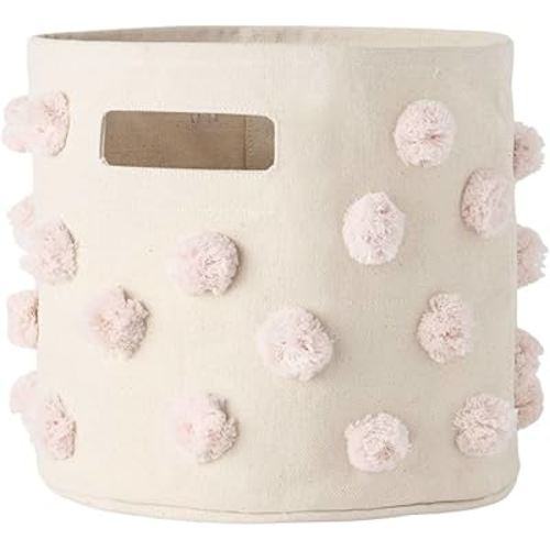 PEHR Pom Pom Basket, Pint (Blush) | 100% Cotton Canvas Storage for Nursery, Playroom & Home | Decorative Organizer | 10”D x 9”H