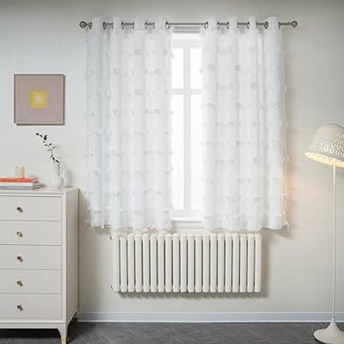 MYSKY HOME White Curtains for Bedroom 63 Inch Long Double Layer Curtains for Kids Room Kithen White Pom Pom Sheer Nursery Curtains Grommet Room Darkening Window Curtains 2 Panels Set, 52 x 63 Inch