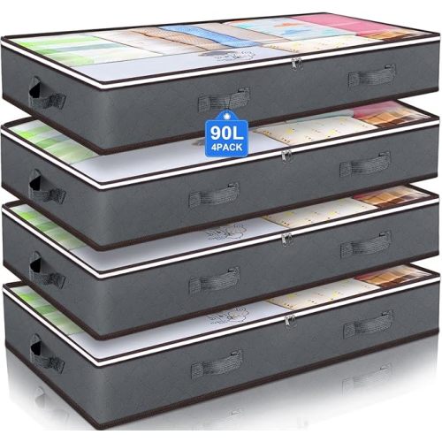 Budding Joy 90L Under Bed Storage Containers, Closet Organizers and Storage Bins, Foldable Underbed Storage Bags for Blankets, Towels, Comforter, Sweaters, Pillows, Linen Sheets, Wrapping Paper,Grey