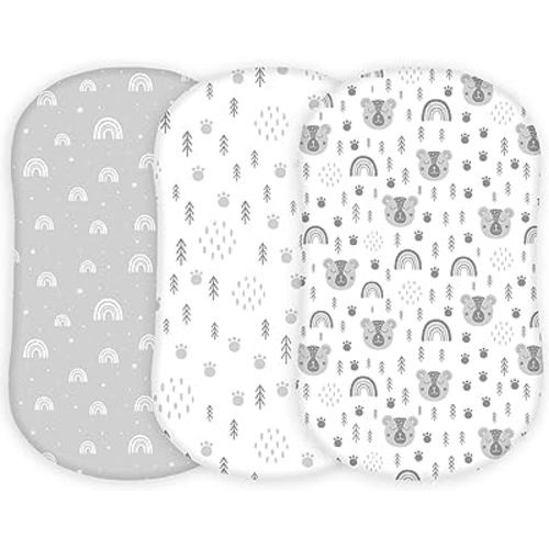 TansyPanda Bassinet Sheets for Halo Bassinest Swivel, Flex, Glide, Premiere and Luxe Series Sleeper, Pack of 3, 33 X 17 Inch, Ultra Soft and Snug Fit, Unisex Boys Girls, Gray White (Woodland Rainbow)