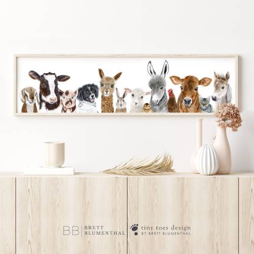 Farm Animal Nursery Decor, Barnyard Animals Mural Art, Pano Nursery Print, Baby Room Decor, Farm Nursery Art, Baby Girl, Boy, PAPER + CANVAS