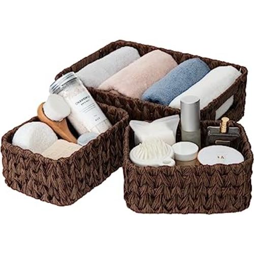 GRANNY SAYS Wicker Baskets for Organizing, Nesting Storage Baskets for Shelves, 1 Large and 2 Small Wicker Baskets Waterproof, Brown, 3-Pack