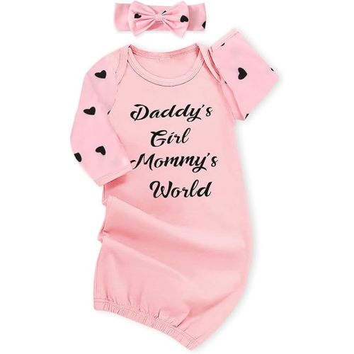 AMAWMW Newborn Baby Girl Little Sister Sleeper Gown Stripe Long Sleeve Nightgown Pajamas Gifts Stuff Essential Outfit - I Pink Full Love Heart - 0-6 Months