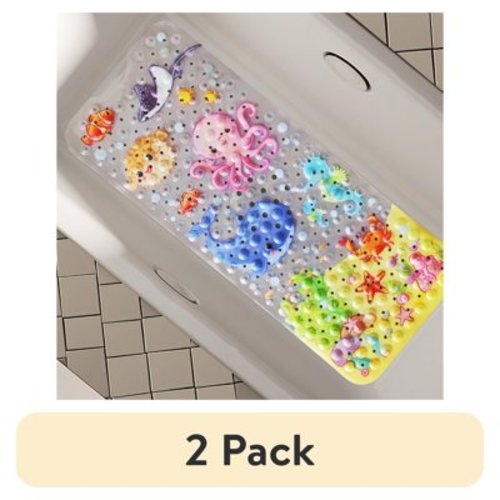 (2 pack) Secopad Kids Bath Mat for Tub Non Slip, 40 X 16 Inch Large Cartoon Anti Slip Toddler Baby Bath Mat