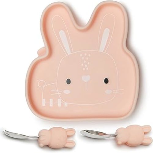 Loulou Lollipop Toddler Silicone Suction Snack Plate, Learning Fork and Spoon Set (Bunny)