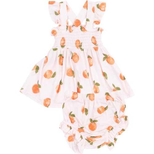 Ruffle Strap Smocked Top and Diaper Cover, Watercolor Peaches, orange