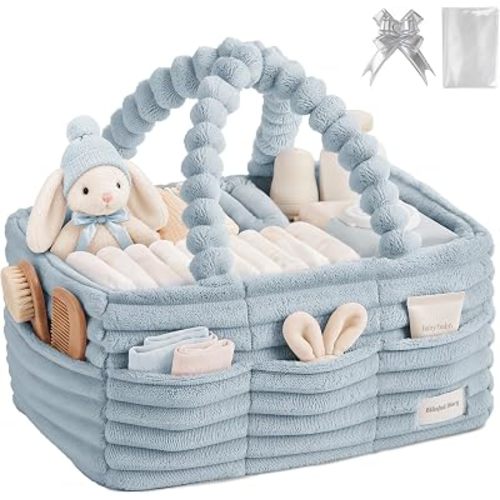 Blissful Diary Flannel Diaper Caddy Organizer with Gift Packaging, Portable Nursery Storage Basket, Gift for Baby Shower, Newborn Boys & Girls Essentials, Registry Search Must Haves, Light Blue