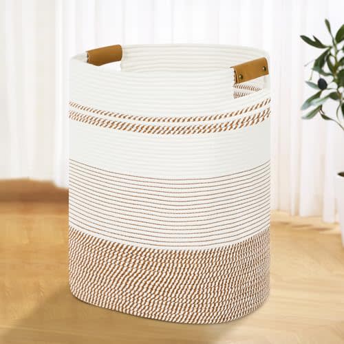AINUOQI Laundry Basket with Handles - Blanket Basket & Hampers for Bedroom Aesthetic, Laundry Hamper & Blanket Storage for Living Room, Clothes Hamper, Tall, Large 17" x 14" x 22”, Brown & White