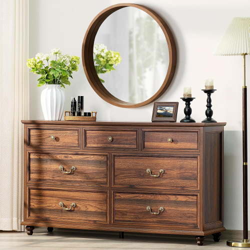 Wide Wood Dresser, 7 Drawer Dresser for Bedroom, Modern Chest of Drawers with Deep Drawers Waterproof Living Room, Hallway, Entryway, Brown