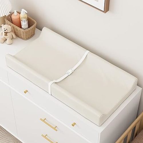 Wipeable Baby Changing Pad for Dresser and Table, Cozy Diaper Changing Pad with Waterproof & Wipe-Clean Leather Cover, Off-White