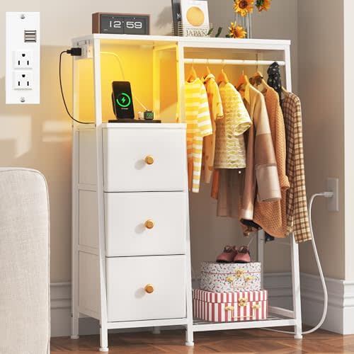 HIGDBFE Dresser with Hanging Rack, Led Dresser with Charging Station, 3 Fabric Drawers Dressers with Clothes Rack, Shoe Rack for Small Space, Chest of Drawers for Bedroom, Kids Room, White