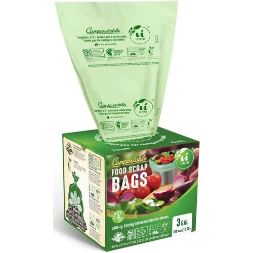 UNNI Compostable Liner Bags, 3 Gallon, 11.35 Liter, 200 Count, Extra Thick 0.71 Mil, Small Kitchen Food Scrap Waste Bags, ASTM D6400, US BPI, CMA and Europe OK compost HOME Certified, San Francisco