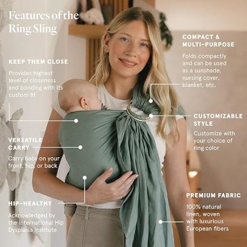 WildBird - Ring Sling Baby Carrier - 0-36 Months (up to 35 lbs) - Standard (74") Acadian & Bronze Ring - Front, Hip or Back Carry - Adjustable Fit - Natural Linen - Baby Essentials - New Mom Gifts