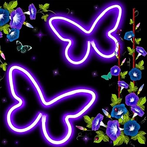Butterfly Neon Sign for Wall Decor, 2 Pack Neon Lights USB/Battery Operated Purple Girls Room Decoration for Bedroom, Party, Birthday Gifts, Wedding, Holiday, Bar