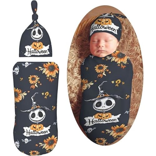 Halloween Pattern in Black Skulls Newborn Swaddle Blanket Soft Unisex Infant Swaddle Wrap Blanket Baby Receiving Blanket with Beanie Hat for Boy and Girl
