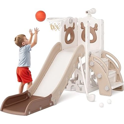 Mloong 7 in 1 Toddler Slide, Kids Slide for Toddlers Baby 1-3 Years Old, Indoor and Outdoor with Basketball Hoop Upgraded Golf for Kids Easy Assembly Elk Design(Beige & Rosy Brown)(28×62×39in)