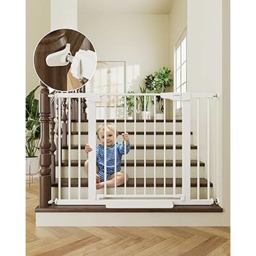 Cumbor 29.7-46" Baby Gate for Stairs, Mom's Choice Awards Winner-Auto Close Dog Gate for the House, Easy Install Pressure Mounted Pet Gates for Doorways, Easy Walk Thru Wide Safety Gate for Dog, White