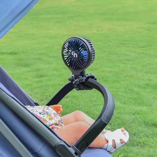 WiHoo Mini Handheld Stroller Fan,Personal Portable Car Seat Baby Fan with Flexible Tripod Fix on Stroller,USB or Battery Operated Desk Fan Adjustable 3 Speeds for Travel Treadmill Golf Cart - 4.5 Inch - Black