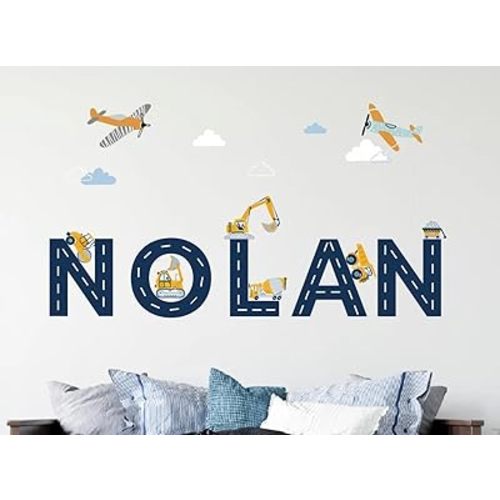 Personalized Name Construction Wall Decal - Digger Trucks and Airplanes Decor for Boys Room - Vinyl Art Mural for Children's Room
