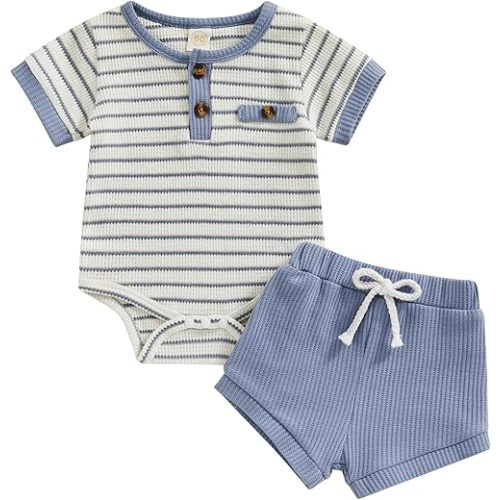 Kuriozud Newborn Baby Boy Summer Clothes Button Short Sleeve Romper Bodysuit Shorts Set Toddler Soft Waffle Outfit