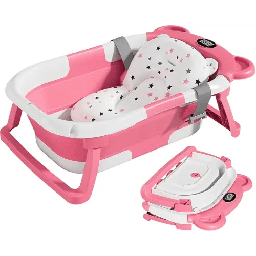 TPN Collapsible Baby Bathtub with Soft Cushion & Real-Time Thermometer Monitor, Foldable Infant to Toddler Tub (0-36 Months), Portable for Travel & Home Use