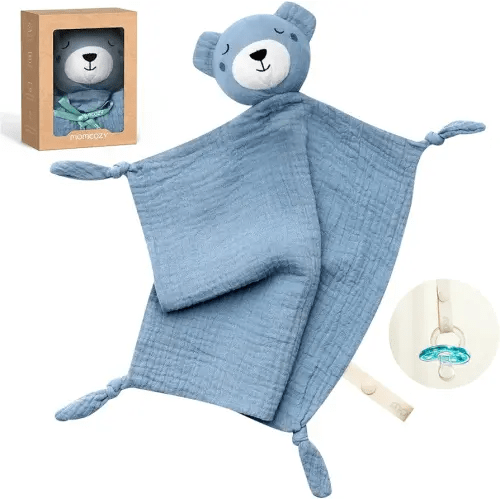 Momcozy Bear Loveys for Babies with Cotton - Soft Security Blanket for Boy or Girl for Self-Soothing On-The-Go-Portable & Anti-Drop Design - Newborn Gift,Must Have(Blue 14 inch)