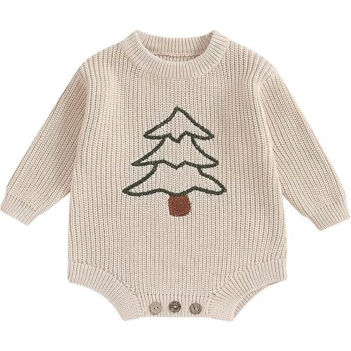 Lesimsam Newborn Baby Boy Girl Christmas Outfit Knit Sweater Romper Oversized Long Sleeve Bubble Romper Warm Winter Clothes