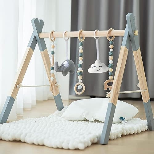 Wooden Baby Play Gym Foldable Baby Play Gym Frame Activity Gym Hanging Bar with 5 Gym Baby Toys Natural for Newborn Baby (Foldable Grey)