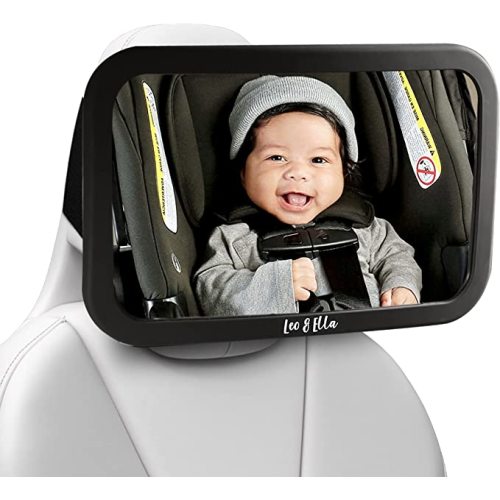 Leo and Ella Patent-Pending Rear-facing Baby Car Mirror for Fixed Headrest, Tesla Compatible, Shatterproof Mirror with Elastic Band Mount Crystal Clear View of Newborn - Tesla/Fixed-Headrest Mirror