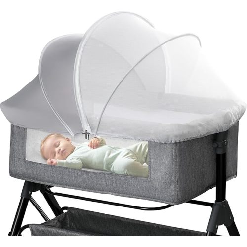 Bassinet Mosquito Net Cover - Half-Blackout Mosquito Net for Baby Crib & Bedside Sleeper, Breathable Crib net with 2-Way Zipper, Sun-Blocking Baby Mosquito Net Cover (Gray-Small)