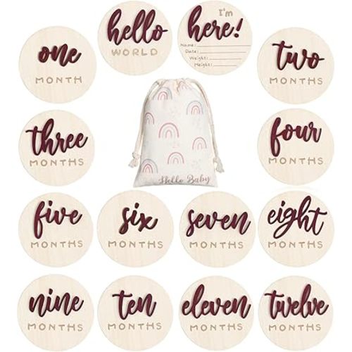 3D Baby Monthly Milestone Cards Sign 7 Pack Double Sided Wooden Circles Discs Baby Announcement Sign Hello World Newborn Sign for Baby Shower Newborn Photo Props (Reddish Brown)