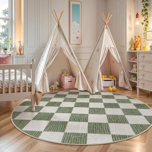 LIVEBOX Checkered Round Rug 6 Ft Washable Area Rug for Playroom, Kids Non-Slip Neutral Classic Circle Rug Geometric Large Carpet Soft Boys (Sage Green,180R)