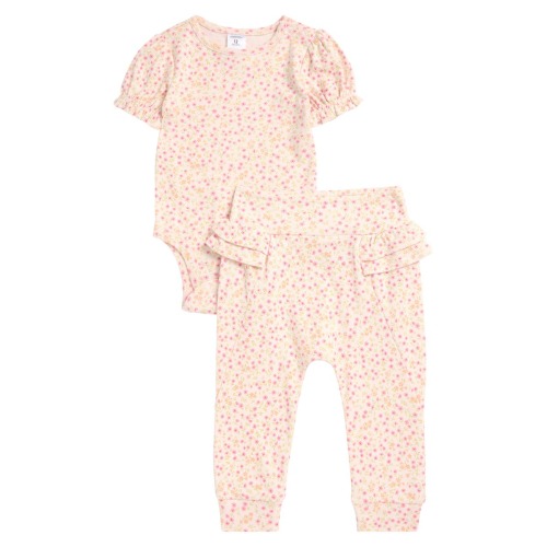 Print Cotton Bodysuit & Ruffled Joggers Set