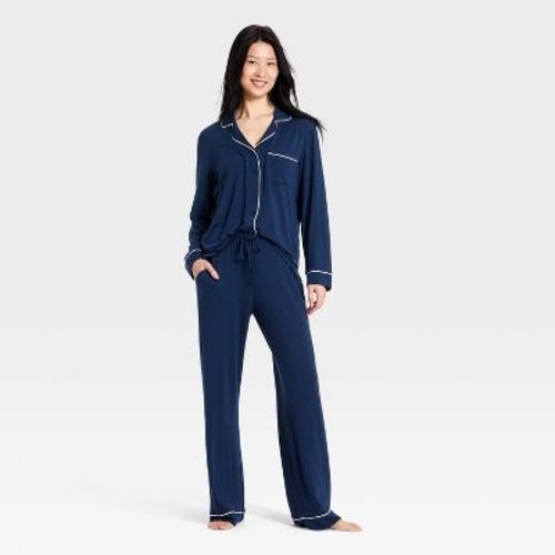 Women's Cloud Knit Modal Long Sleeve Notch Collar Top and Pants Pajama Set - Auden™ Navy Blue L