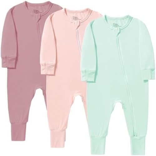 Baby Boys Girls Footless Pajamas with Mitten Cuffs - 3Pcs Rayon of Bamboo Long Sleeve 2 Way Zipper Sleepers