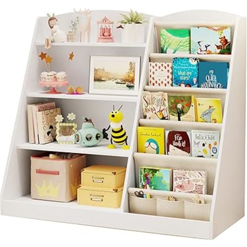 Kids Bookshelf Toddler bookshelf and Toy Storage Organizer 4 Tier Wooden Kids Book Shelf with Sling Book,Baby walking bookshelf,Montessori for Nursery Playroom, children's room kindergarten, classroom