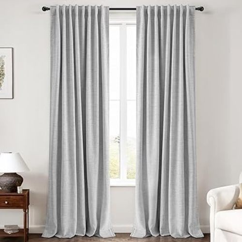 INOVADAY 100% Blackout Curtains 84 Inches Length 2 Panels Set, Back Tab/Rod Pocket Linen Black Out Curtains for Bedroom, Thermal Insulated Window Drapes - Grey, W50 X L84