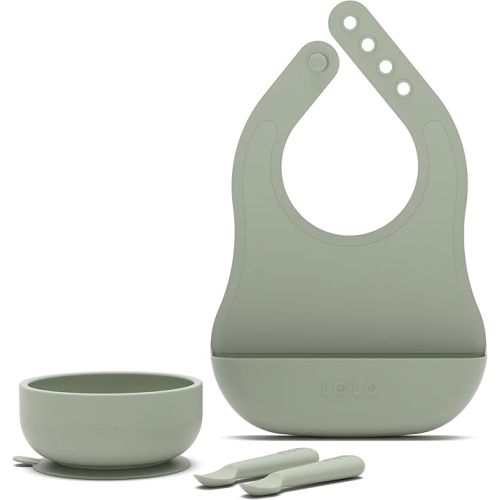 Lalo First Bites Silicone Baby Feeding Set - Baby Led Weaning Supplies - Non-Toxic Silicone - Includes 1 Bib, 2 Spoons, Training Cup, Suction Plate and Bowl - 6 Pieces - Sage